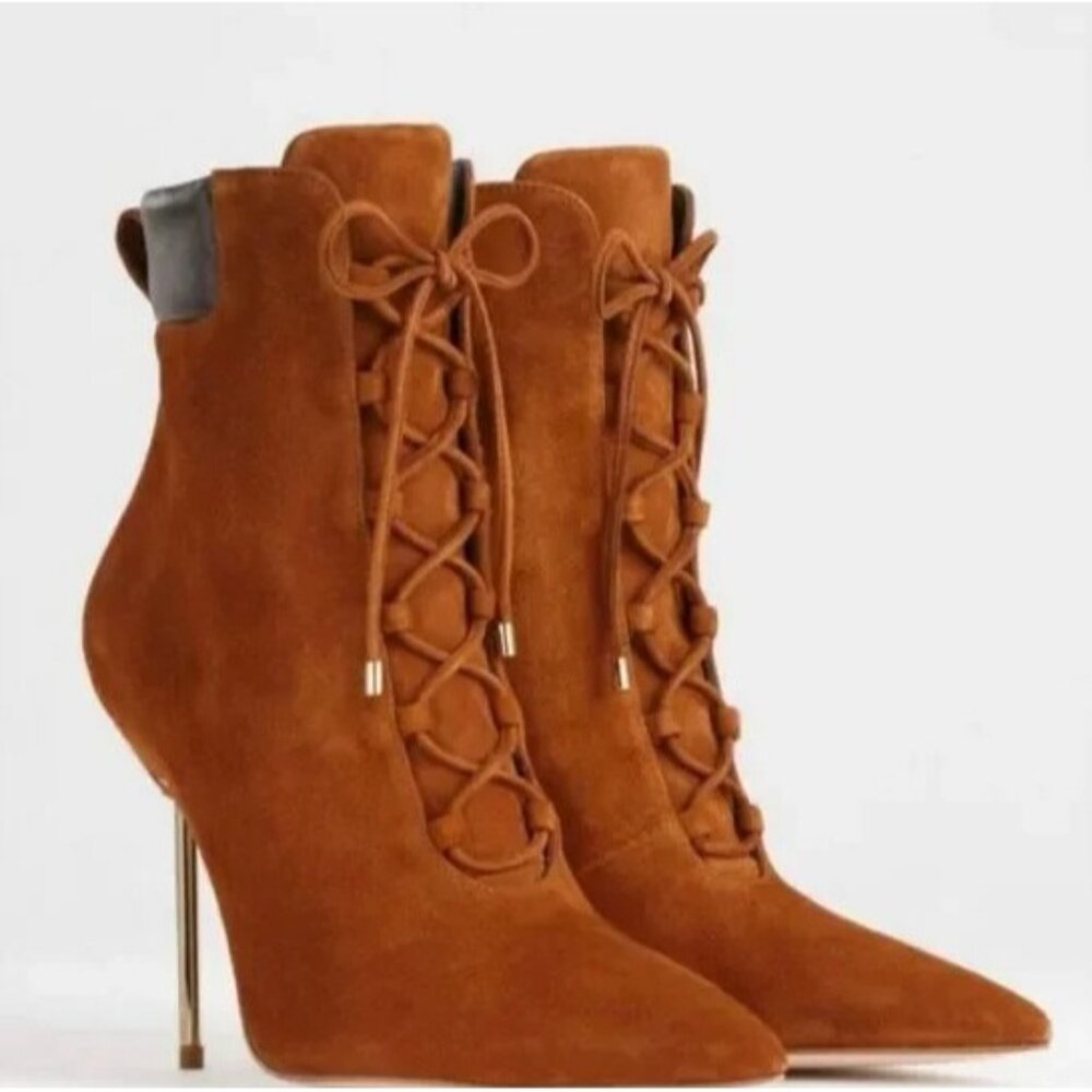 NIB $275 GOOD AMERICAN SCANDAL TOBACCO BROWN SUEDE STILETTO BOOTS SIZE 8